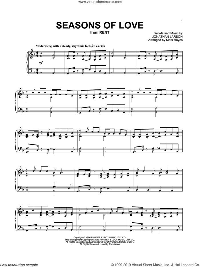 Seasons Of Love (from Rent) (arr. Mark Hayes) sheet music for piano solo by Jonathan Larson and Mark Hayes, intermediate skill level