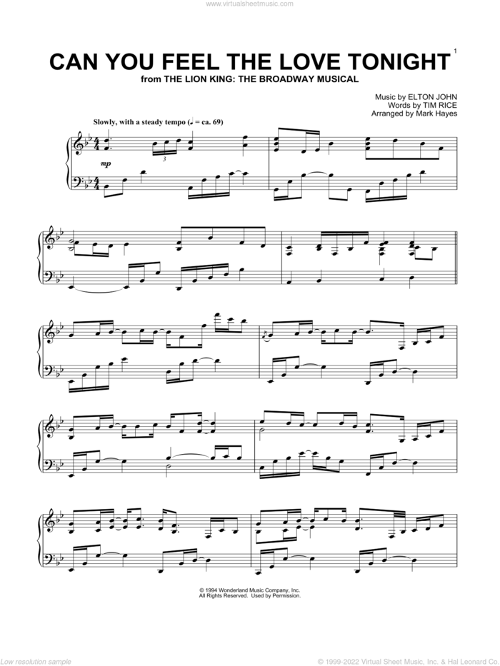 Can You Feel The Love Tonight (from The Lion King) (arr. Mark Hayes) sheet music for piano solo by Elton John, Mark Hayes and Tim Rice, wedding score, intermediate skill level