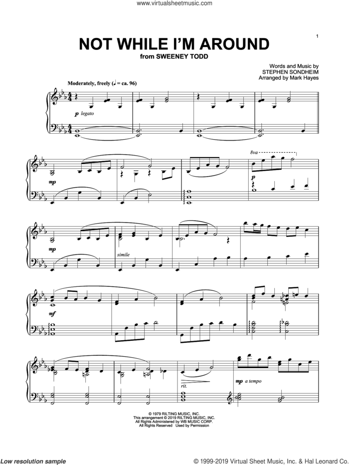 Not While I'm Around (arr. Mark Hayes) sheet music for piano solo by Stephen Sondheim and Mark Hayes, intermediate skill level