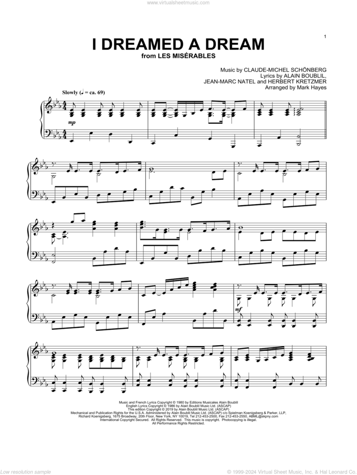 I Dreamed A Dream (from Les Miserables) (arr. Mark Hayes) sheet music for piano solo by Boublil and Schonberg, Mark Hayes, Alain Boublil, Claude-Michel Schonberg, Herbert Kretzmer and Jean-Marc Natel, intermediate skill level