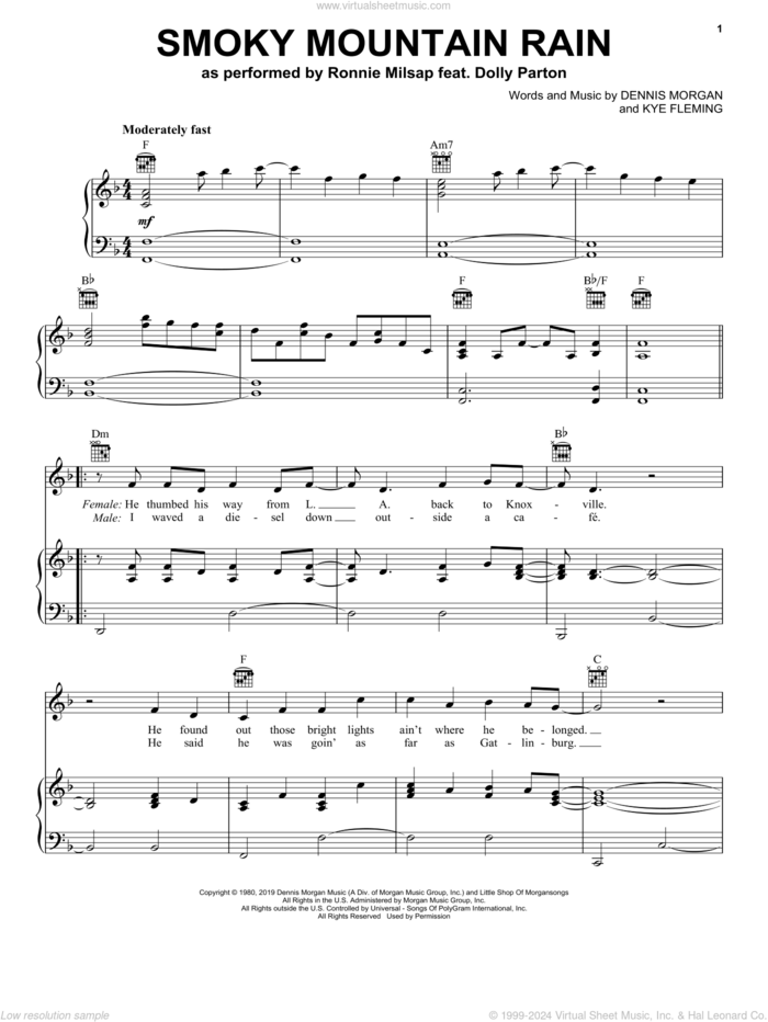 Smoky Mountain Rain sheet music for voice, piano or guitar by Ronnie Milsap feat. Dolly Parton, Dolly Parton, Ronnie Milsap, Dennis Morgan and Kye Fleming, intermediate skill level