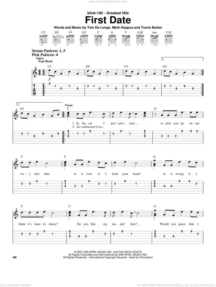 First Date sheet music for guitar solo (chords) by Blink-182, Mark Hoppus, Tom DeLonge and Travis Barker, easy guitar (chords)