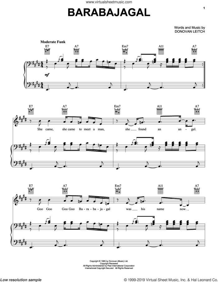 Barabajagal sheet music for voice, piano or guitar by Walter Donovan and Donovan Leitch, intermediate skill level
