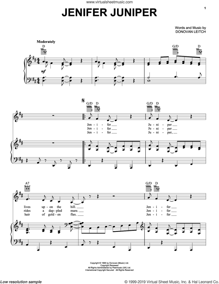 Jenifer Juniper sheet music for voice, piano or guitar by Walter Donovan and Donovan Leitch, intermediate skill level