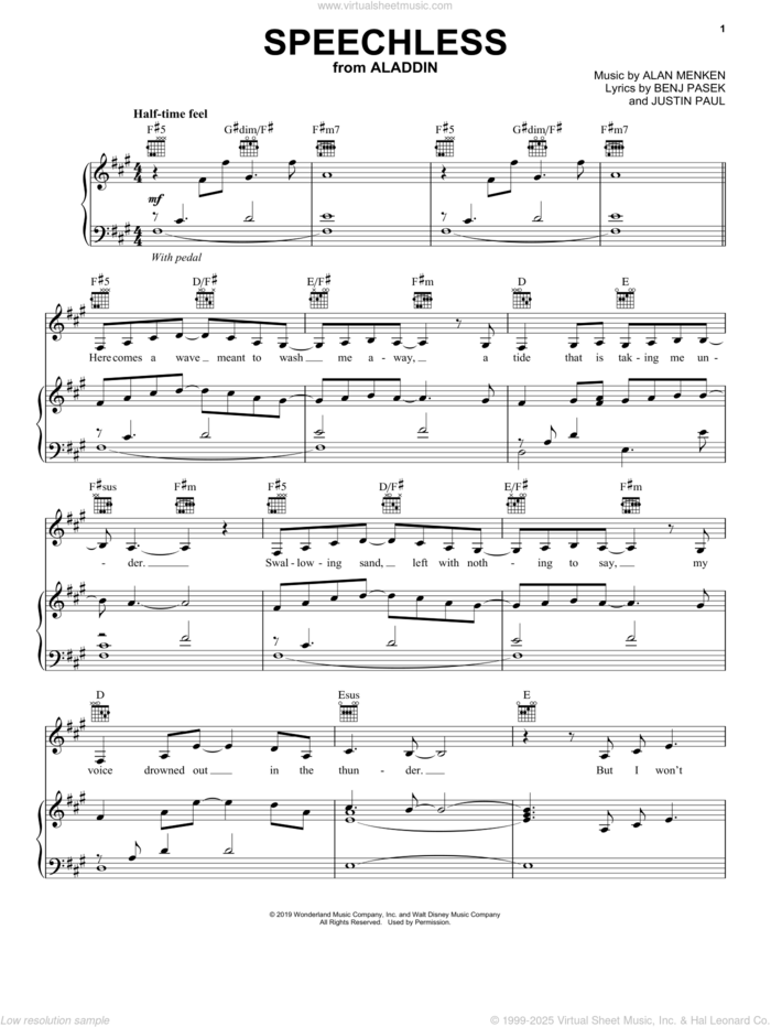 Speechless (from Disney's Aladdin) sheet music for voice, piano or guitar by Naomi Scott, Alan Menken, Benj Pasek, Howard Ashman and Justin Paul, intermediate skill level