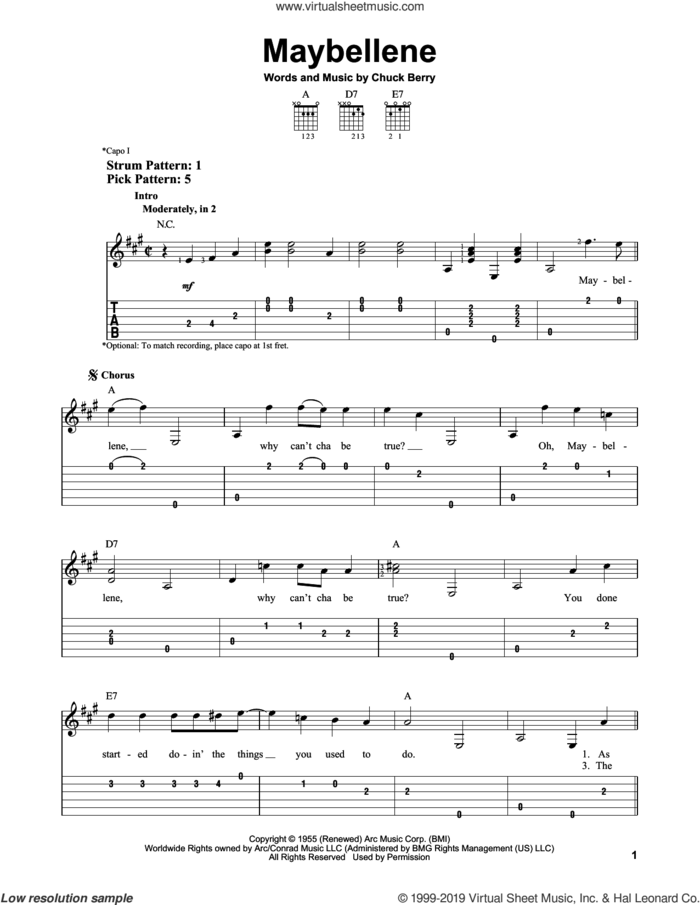 Maybellene sheet music for guitar solo (easy tablature) by Chuck Berry, easy guitar (easy tablature)