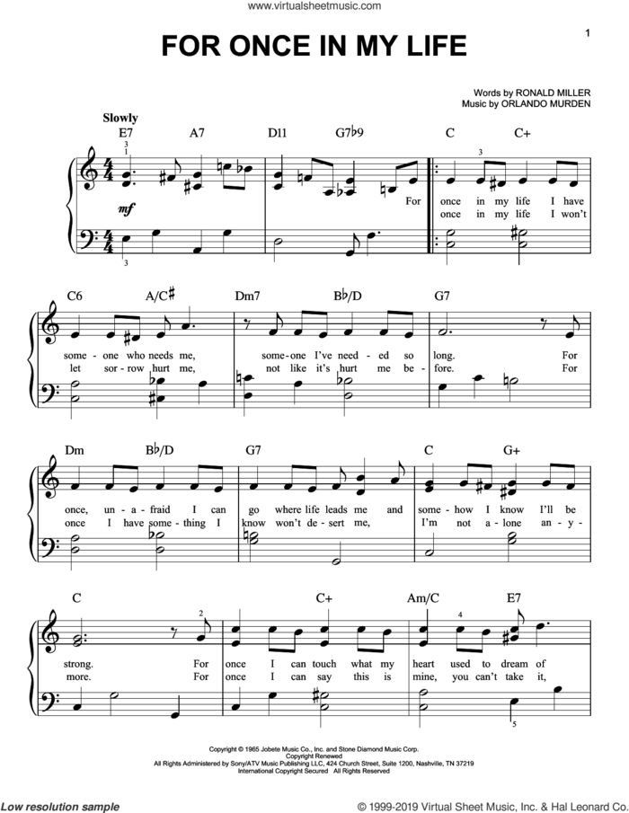 For Once In My Life (arr. Dan Coates) sheet music for piano solo by Stevie Wonder, Orlando Murden and Ron Miller, easy skill level