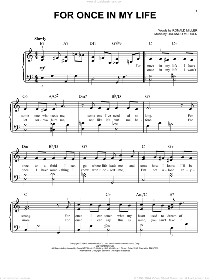 For Once In My Life (arr. Dan Coates) sheet music for piano solo by Stevie Wonder, Orlando Murden and Ron Miller, easy skill level