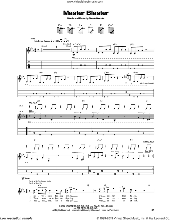 Master Blaster sheet music for guitar (tablature) by Stevie Wonder, intermediate skill level