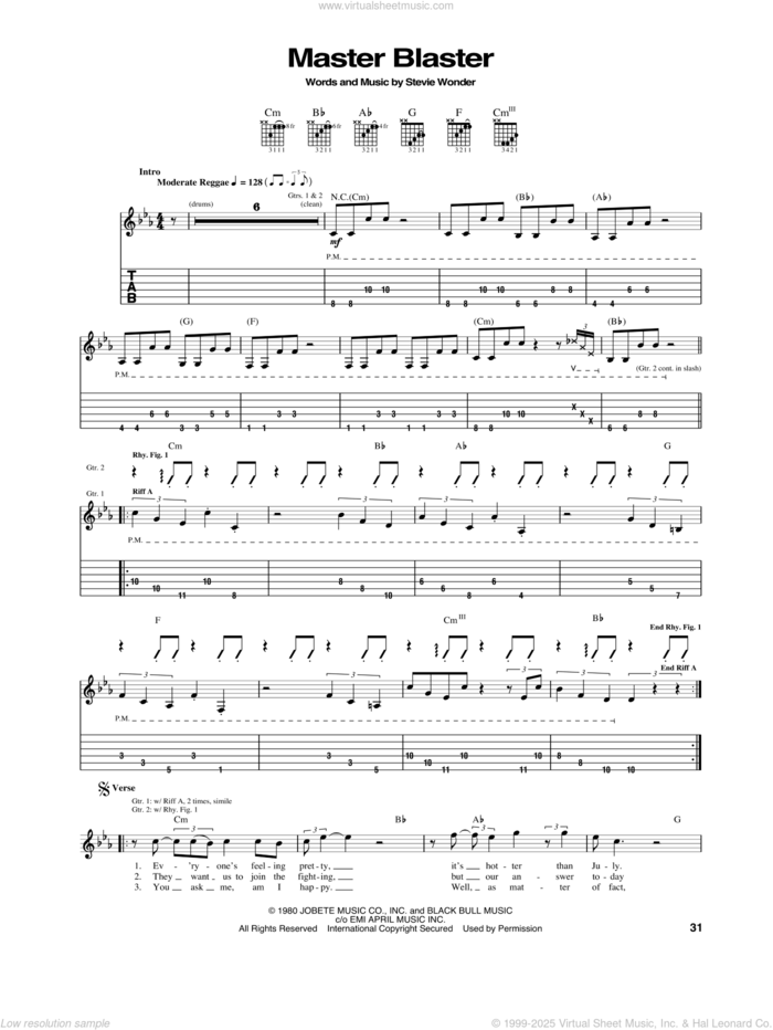 Master Blaster sheet music for guitar (tablature) by Stevie Wonder, intermediate skill level