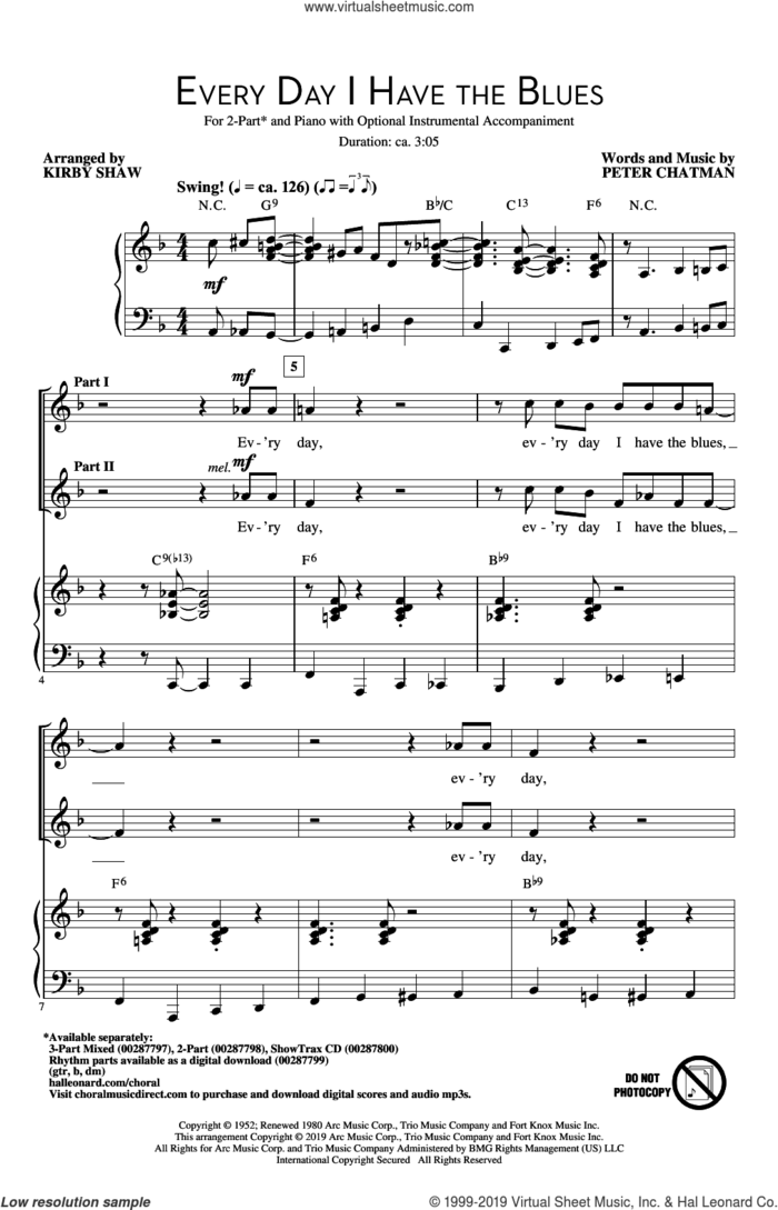 Every Day I Have The Blues (arr. Kirby Shaw) sheet music for choir (2-Part) by Peter Chatman and Kirby Shaw, intermediate duet