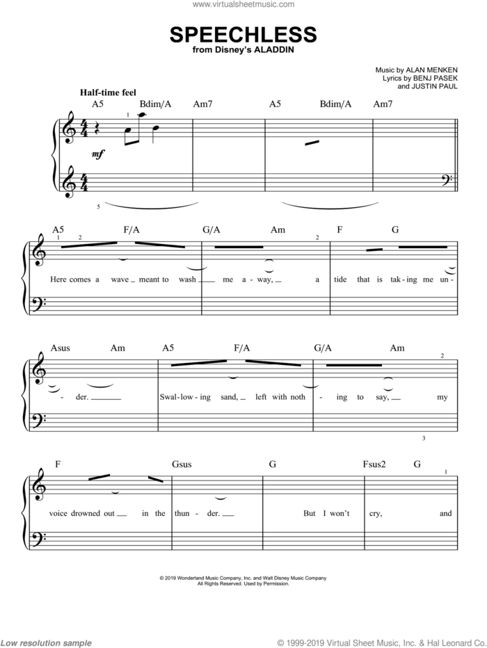 Speechless (from Disney's Aladdin) sheet music for piano solo by Naomi Scott, Alan Menken, Benj Pasek and Justin Paul, easy skill level