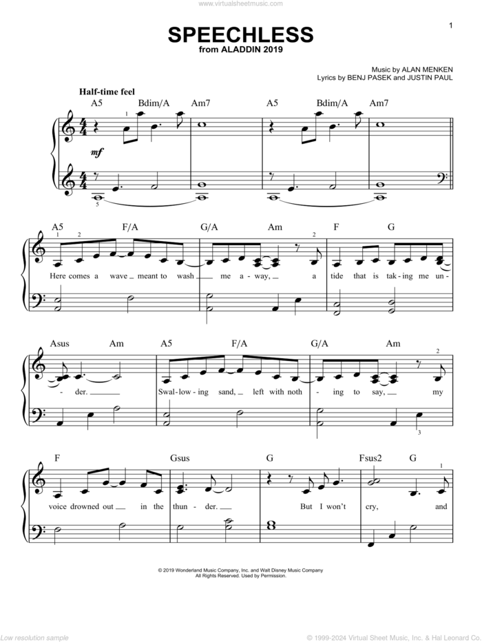 Speechless (from Disney's Aladdin) sheet music for piano solo by Naomi Scott, Alan Menken, Benj Pasek and Justin Paul, easy skill level