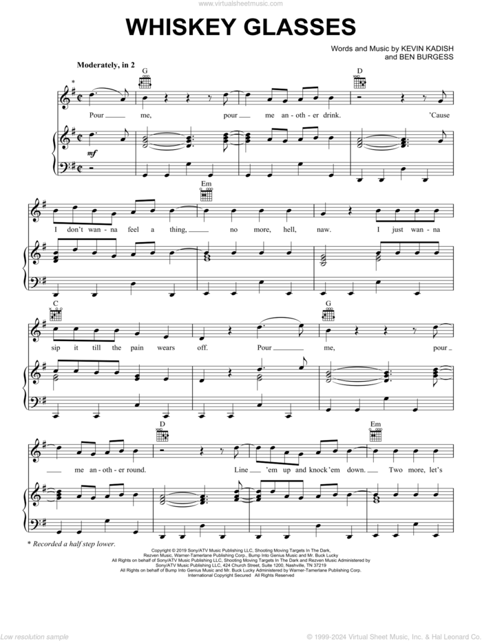 Whiskey Glasses sheet music for voice, piano or guitar by Morgan Wallen, Ben Burgess and Kevin Kadish, intermediate skill level