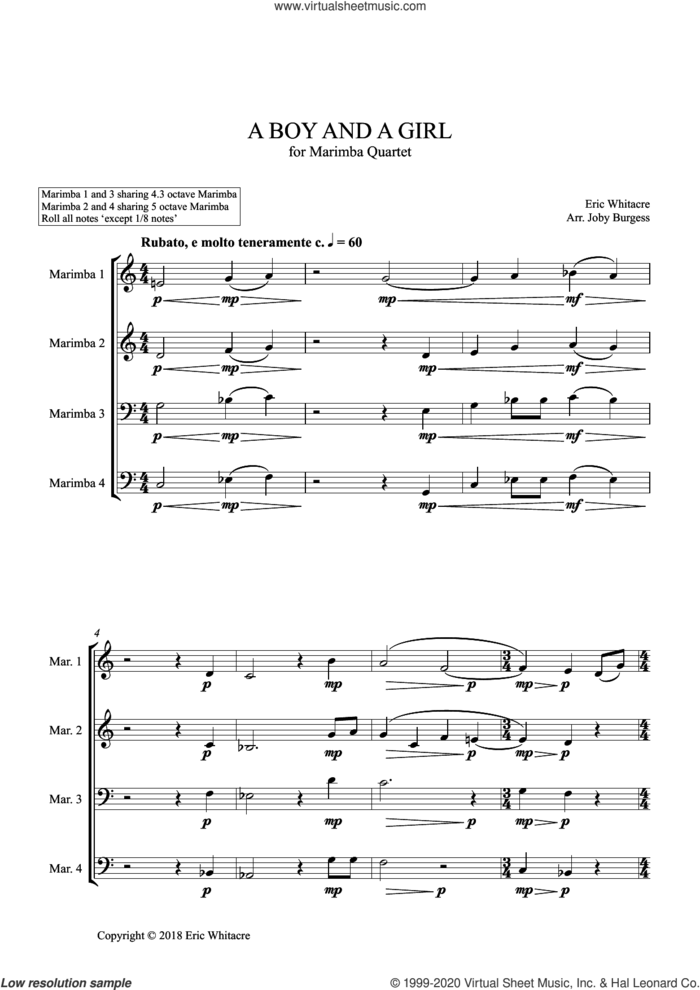 A Boy And A Girl for Marimba Quartet (arr. Joby Burgess) (COMPLETE) sheet music for percussions by Eric Whitacre, Joby Burgess, Muriel Rukeyser and Octavio Paz, intermediate skill level