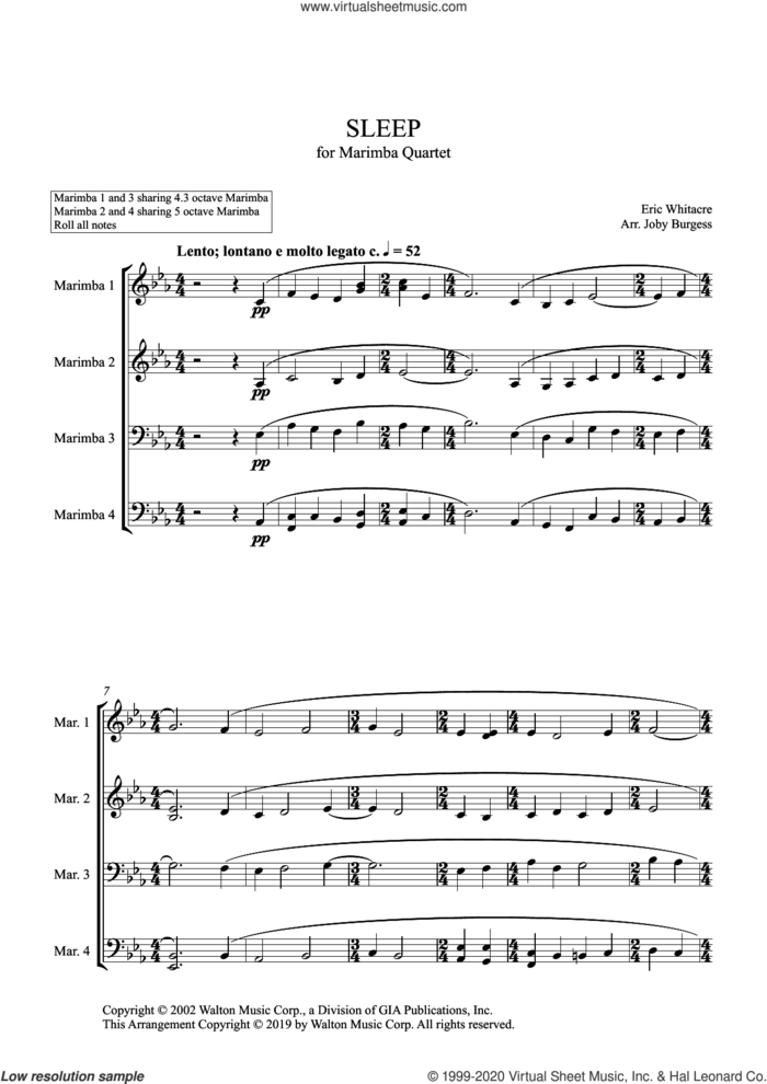 Sleep for Marimba Quartet (arr. Joby Burgess) (COMPLETE) sheet music for percussions by Eric Whitacre and Joby Burgess, intermediate skill level