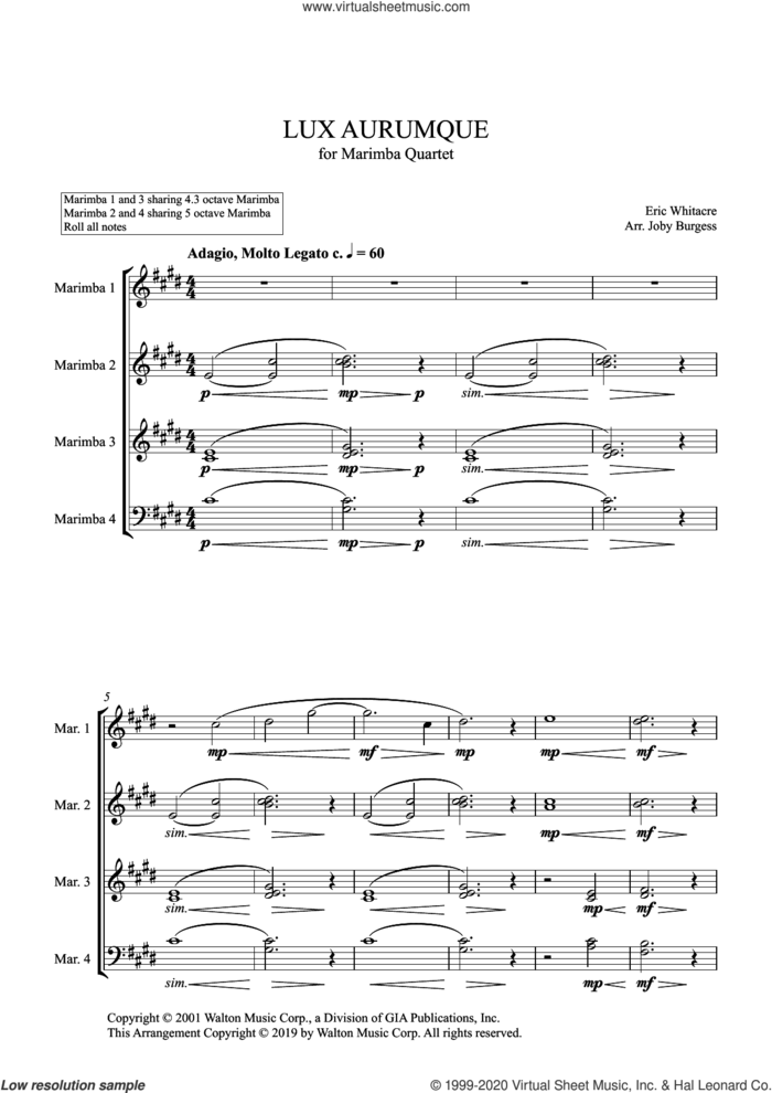 Lux Aurumque for Marimba Quartet (arr. Joby Burgess) (COMPLETE) sheet music for percussions by Eric Whitacre and Joby Burgess, intermediate skill level