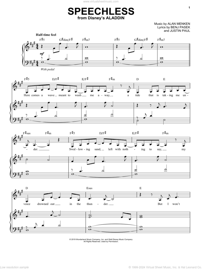 Speechless (from Disney's Aladdin) sheet music for voice and piano by Naomi Scott, Alan Menken, Benj Pasek and Justin Paul, intermediate skill level