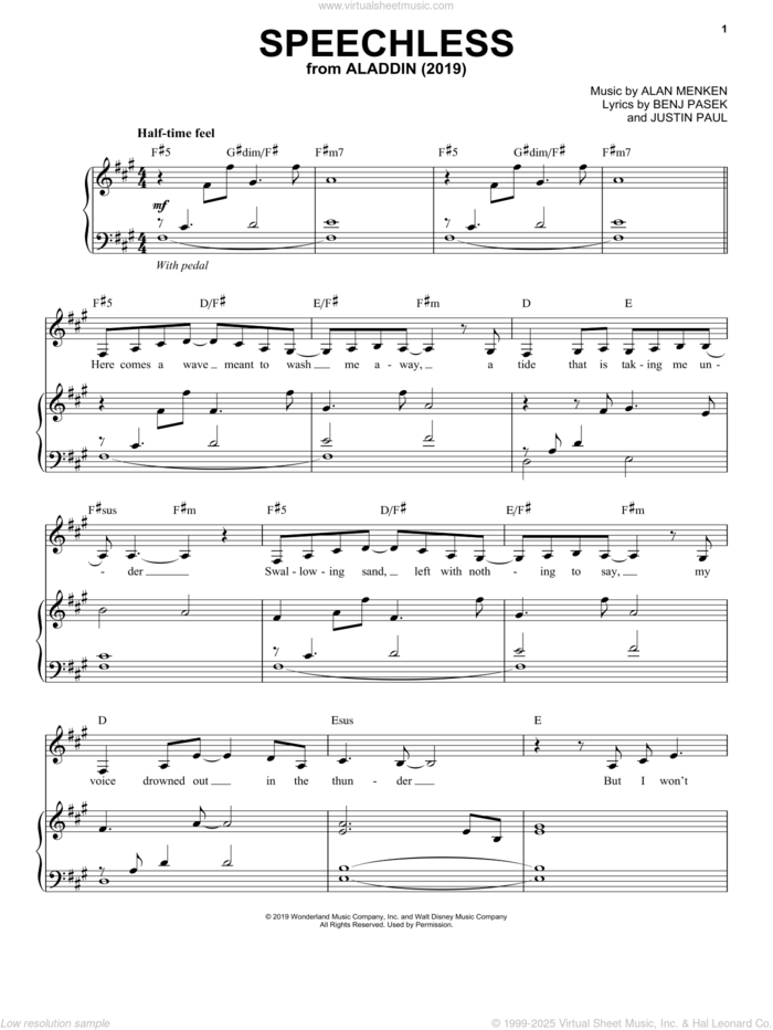 Speechless (from Disney's Aladdin) sheet music for voice and piano by Naomi Scott, Alan Menken, Benj Pasek and Justin Paul, intermediate skill level