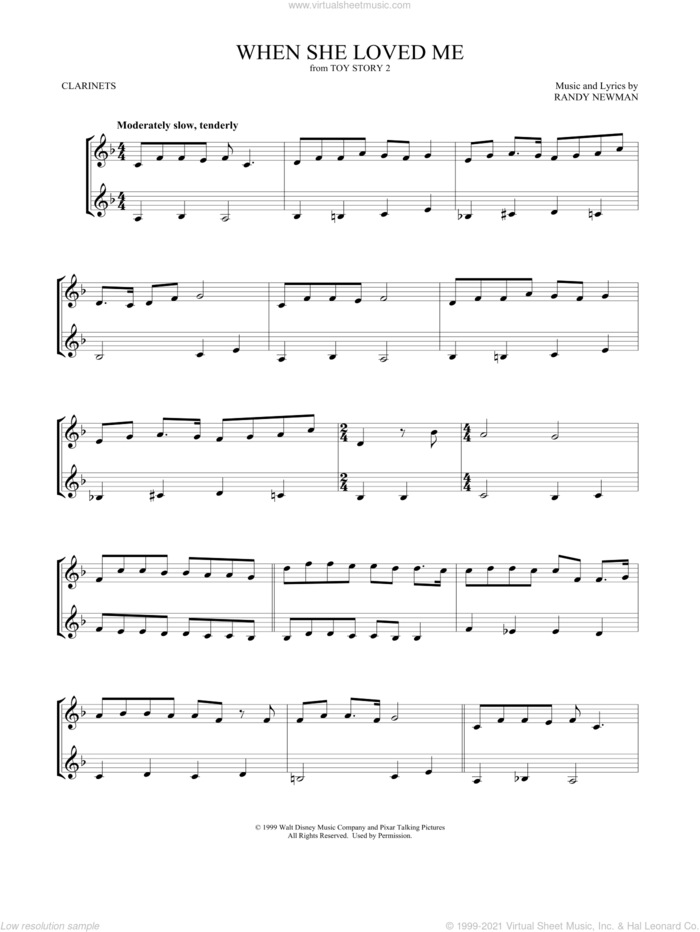 When She Loved Me (from Toy Story 2) sheet music for two clarinets (duets) by Sarah McLachlan and Randy Newman, intermediate skill level