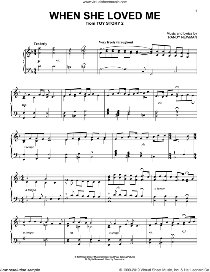 When She Loved Me (from Toy Story 2) sheet music for piano solo by Sarah McLachlan and Randy Newman, intermediate skill level