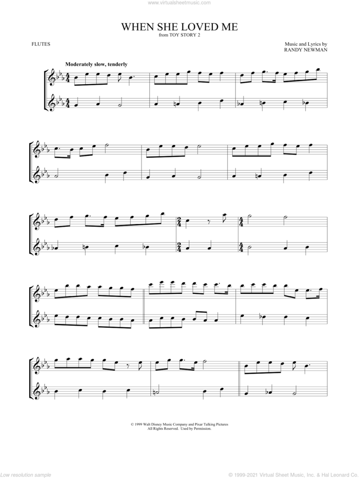 When She Loved Me (from Toy Story 2) sheet music for two flutes (duets) by Sarah McLachlan and Randy Newman, intermediate skill level