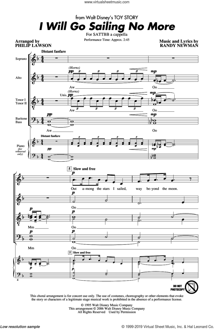 I Will Go Sailing No More (from Toy Story) (arr. Philip Lawson) sheet music for choir (SATB: soprano, alto, tenor, bass) by Randy Newman and Philip Lawson, intermediate skill level