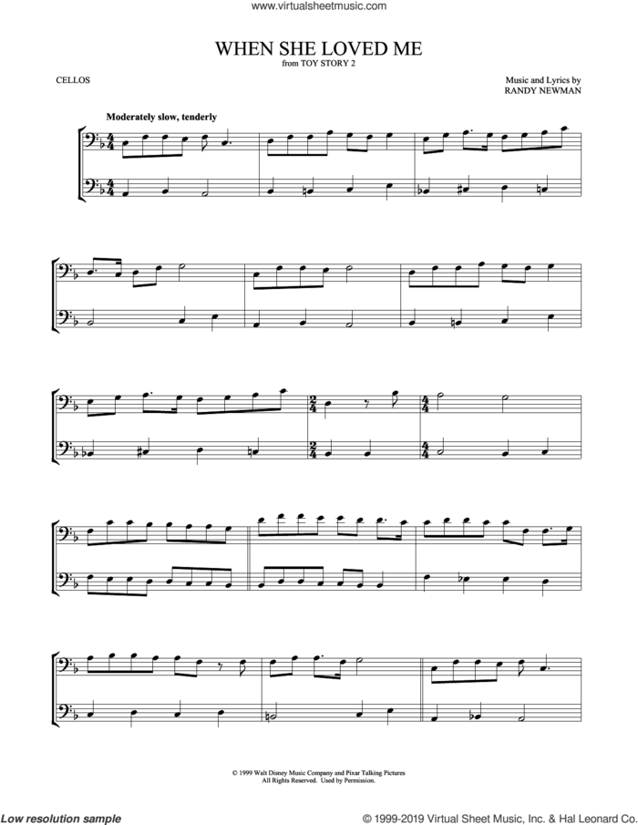 When She Loved Me (from Toy Story 2) sheet music for two cellos (duet, duets) by Sarah McLachlan and Randy Newman, intermediate skill level