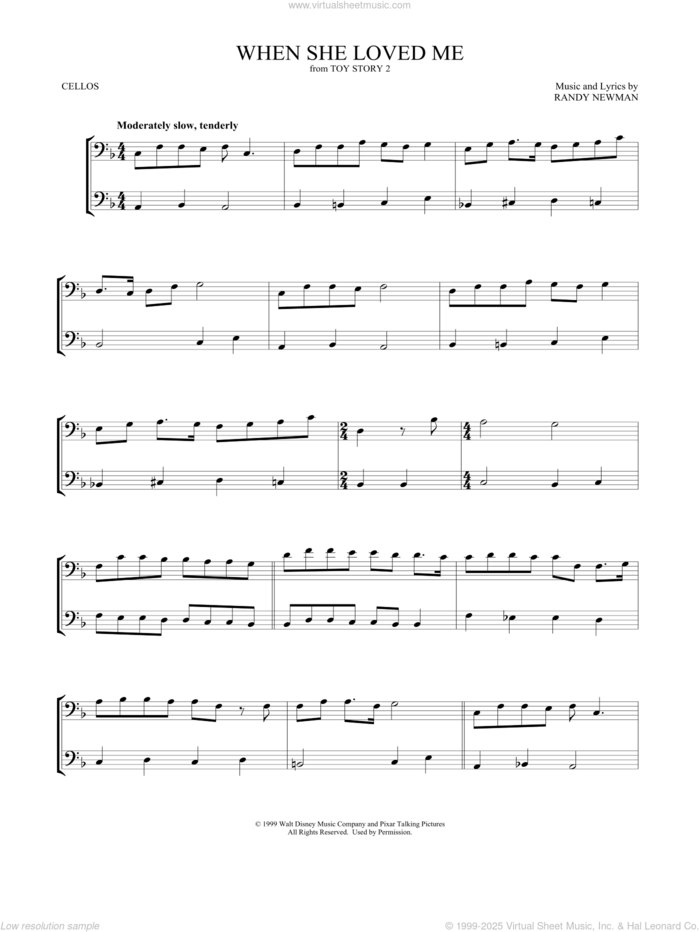 When She Loved Me (from Toy Story 2) sheet music for two cellos (duet, duets) by Sarah McLachlan and Randy Newman, intermediate skill level