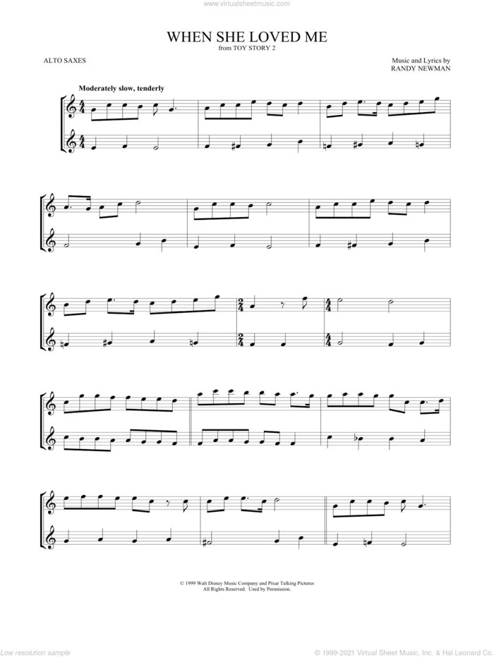 When She Loved Me (from Toy Story 2) sheet music for two alto saxophones (duets) by Sarah McLachlan and Randy Newman, intermediate skill level