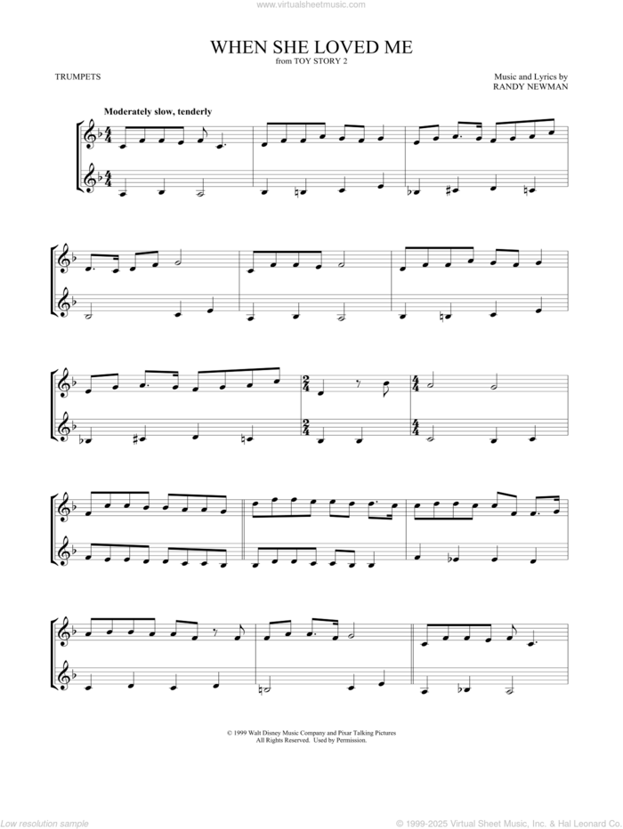 When She Loved Me (from Toy Story 2) sheet music for two trumpets (duet, duets) by Sarah McLachlan and Randy Newman, intermediate skill level