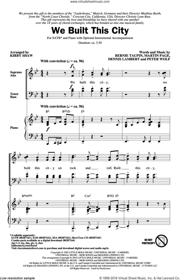 We Built This City (arr. Kirby Shaw) sheet music for choir (SATB: soprano, alto, tenor, bass) by Starship, Kirby Shaw, Bernie Taupin, Dennis Lambert, Martin George Page and Peter Wolf, intermediate skill level