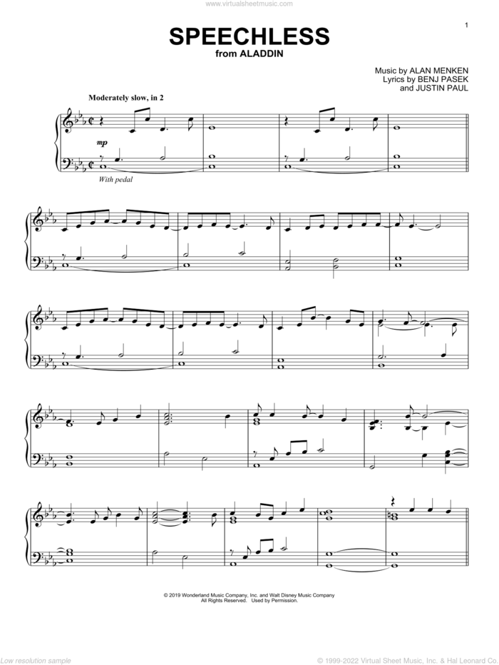 Speechless (from Disney's Aladdin) sheet music for piano solo by Naomi Scott, Alan Menken, Benj Pasek and Justin Paul, intermediate skill level