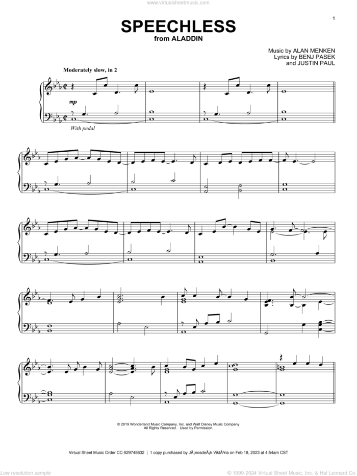 Speechless (from Disney's Aladdin) sheet music for piano solo by Naomi Scott, Alan Menken, Benj Pasek and Justin Paul, intermediate skill level