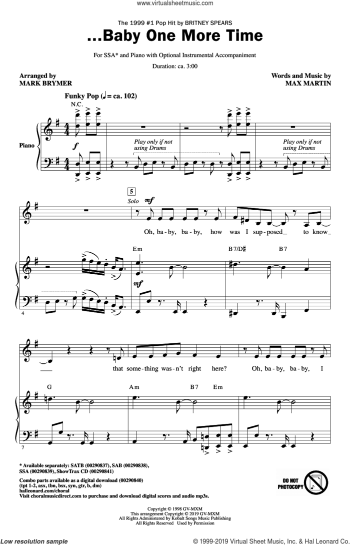 ...Baby One More Time (arr. Mark Brymer) sheet music for choir (SSA: soprano, alto) by Britney Spears, Mark Brymer and Max Martin, intermediate skill level