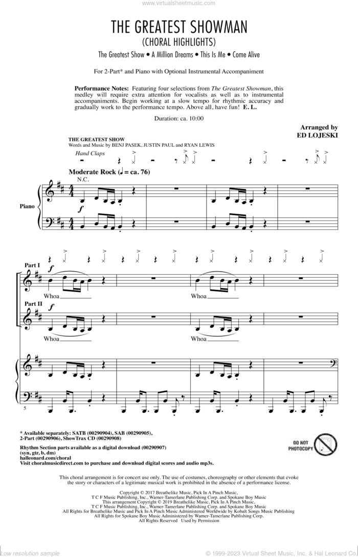 The Greatest Showman (Choral Highlights) (arr. Ed Lojeski) sheet music for choir (2-Part) by Pasek & Paul, Ed Lojeski, Benj Pasek, Justin Paul and Ryan Lewis, intermediate duet