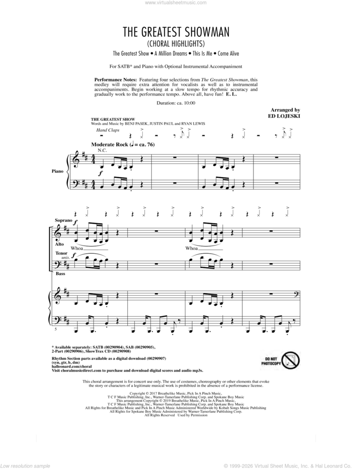 The Greatest Showman (Choral Highlights) (arr. Ed Lojeski) sheet music for choir (SATB: soprano, alto, tenor, bass) by Pasek & Paul, Ed Lojeski, Benj Pasek, Justin Paul and Ryan Lewis, intermediate skill level