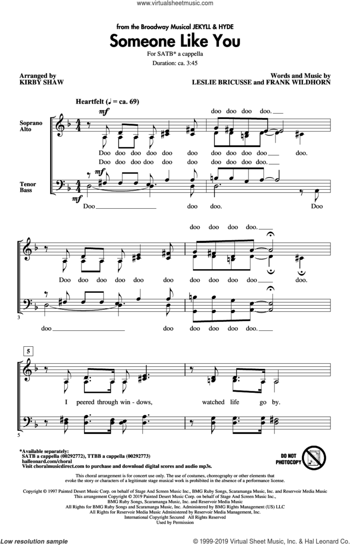 Someone Like You (from Jekyll and Hyde) (arr. Kirby Shaw) sheet music for choir (SATB: soprano, alto, tenor, bass) by Leslie Bricusse, Kirby Shaw and Frank Wildhorn, intermediate skill level