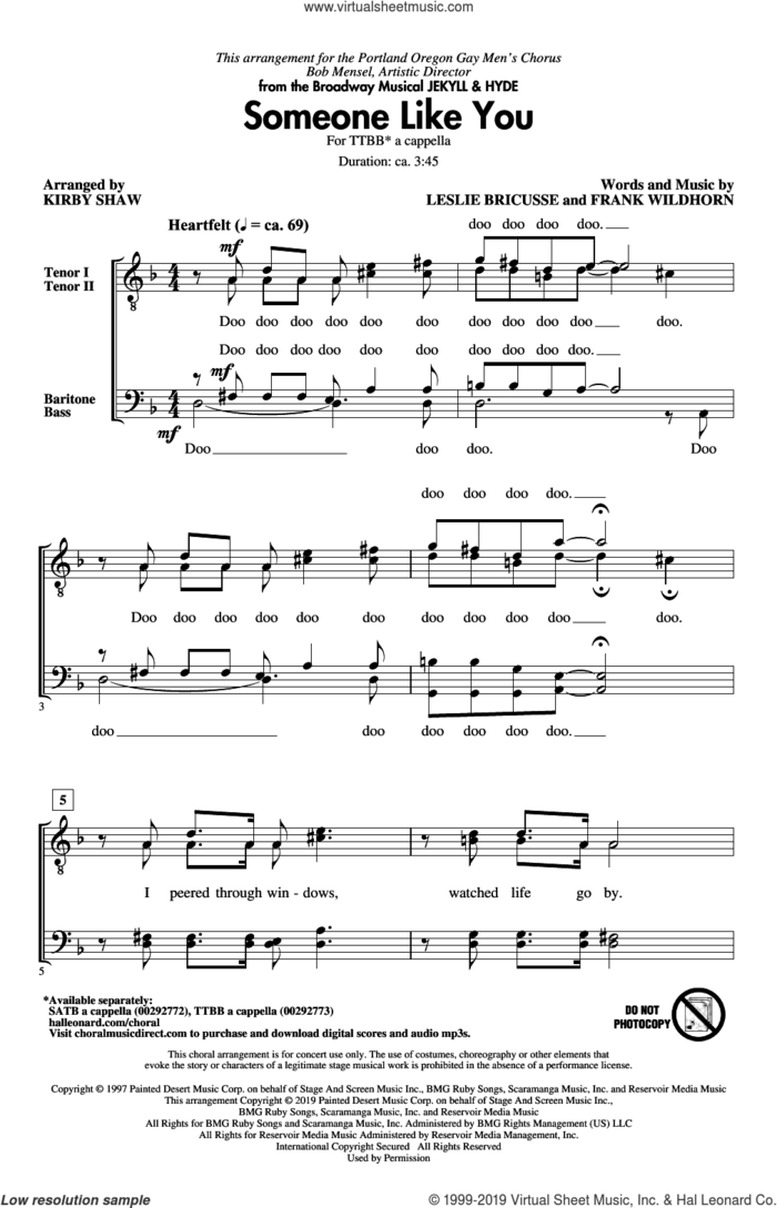 Someone Like You (from Jekyll and Hyde) (arr. Kirby Shaw) sheet music for choir (TTBB: tenor, bass) by Leslie Bricusse, Kirby Shaw and Frank Wildhorn, intermediate skill level