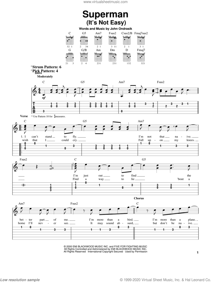 Superman (It's Not Easy) sheet music for guitar solo (chords) by Five For Fighting and John Ondrasik, easy guitar (chords)