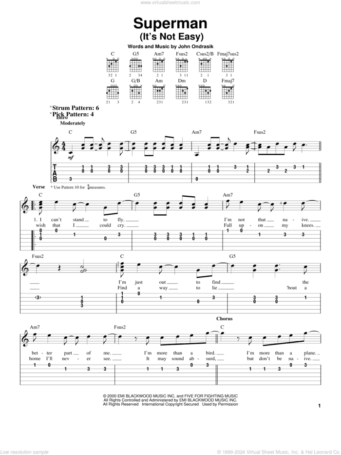 Superman (It's Not Easy) sheet music for guitar solo (chords) by Five For Fighting and John Ondrasik, easy guitar (chords)