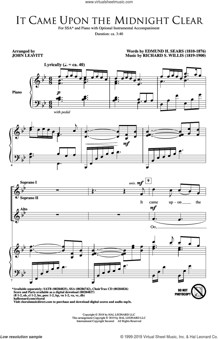 It Came Upon The Midnight Clear sheet music for choir (SSA: soprano, alto) by Richard Storrs Willis, John Leavitt and Edmund Hamilton Sears, intermediate skill level