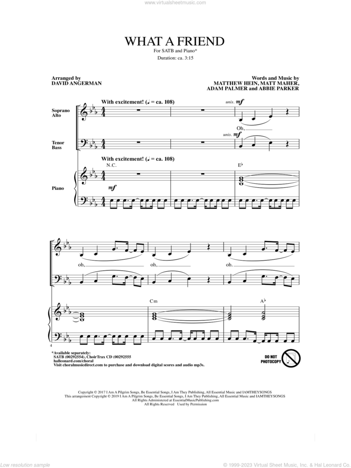 What A Friend sheet music for choir (SATB: soprano, alto, tenor, bass) by Matt Maher, David Angerman, Abbie Parker, Adam Palmer and Matthew Hein, intermediate skill level
