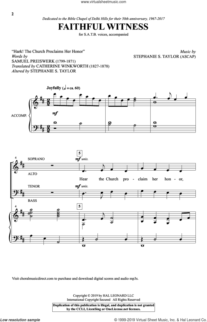 Faithful Witness sheet music for choir (SATB: soprano, alto, tenor, bass) by Stephanie S. Taylor and Samuel Preiswerk, intermediate skill level