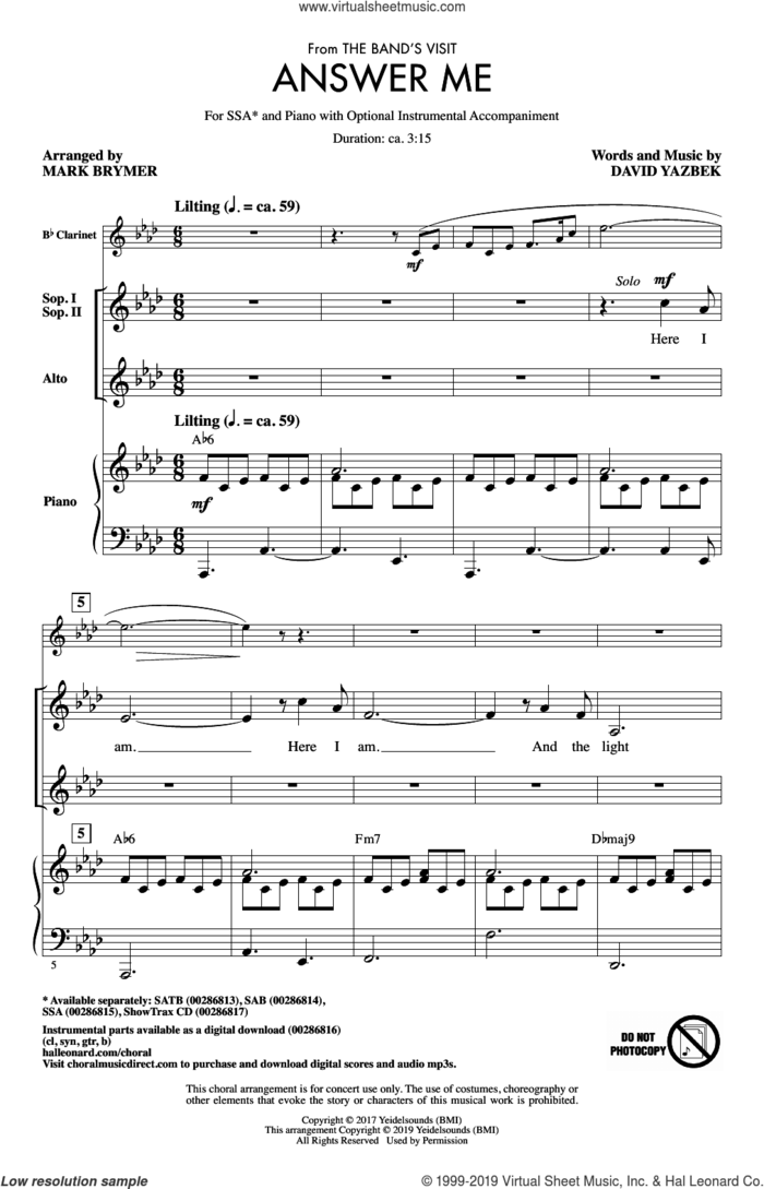 Answer Me (from The Band's Visit) (arr. Mark Brymer) sheet music for choir (SSA: soprano, alto) by David Yazbek and Mark Brymer, intermediate skill level