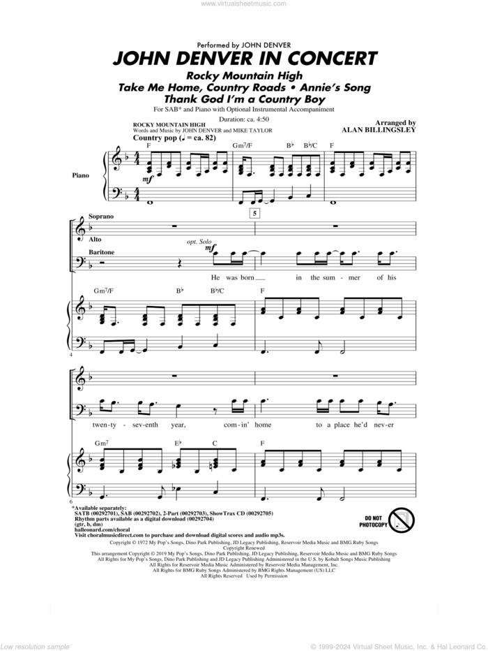 John Denver In Concert (arr. Alan Billingsley) sheet music for choir (SAB: soprano, alto, bass) by John Denver and Alan Billingsley, intermediate skill level