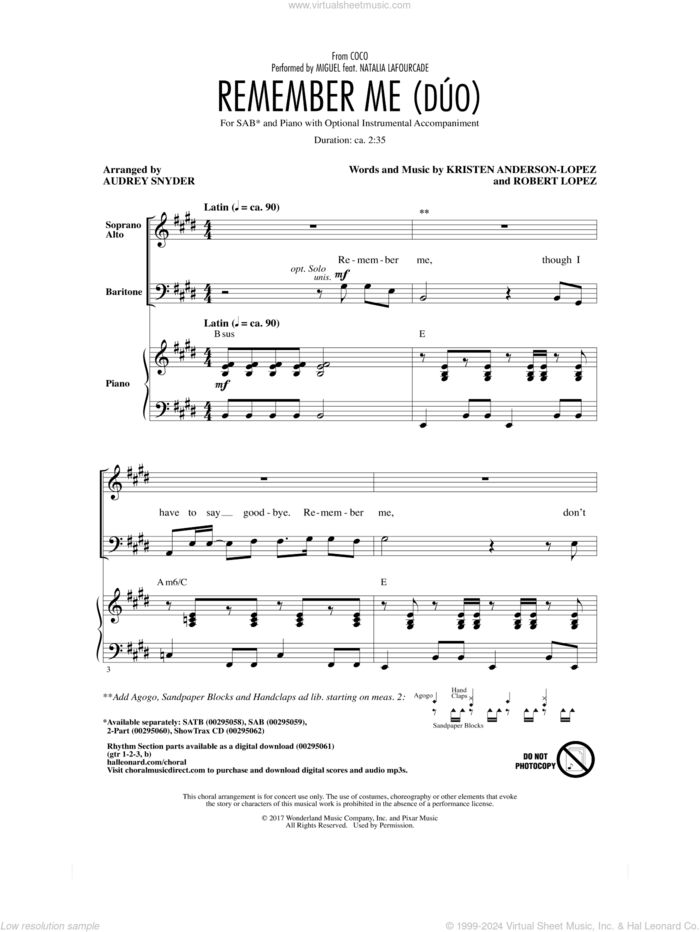Remember Me (Duo) (from Coco) (arr. Audrey Snyder) sheet music for choir (SAB: soprano, alto, bass) by Miguel feat. Natalia Lafourcade, Audrey Snyder, Kristen Anderson-Lopez and Robert Lopez, intermediate skill level