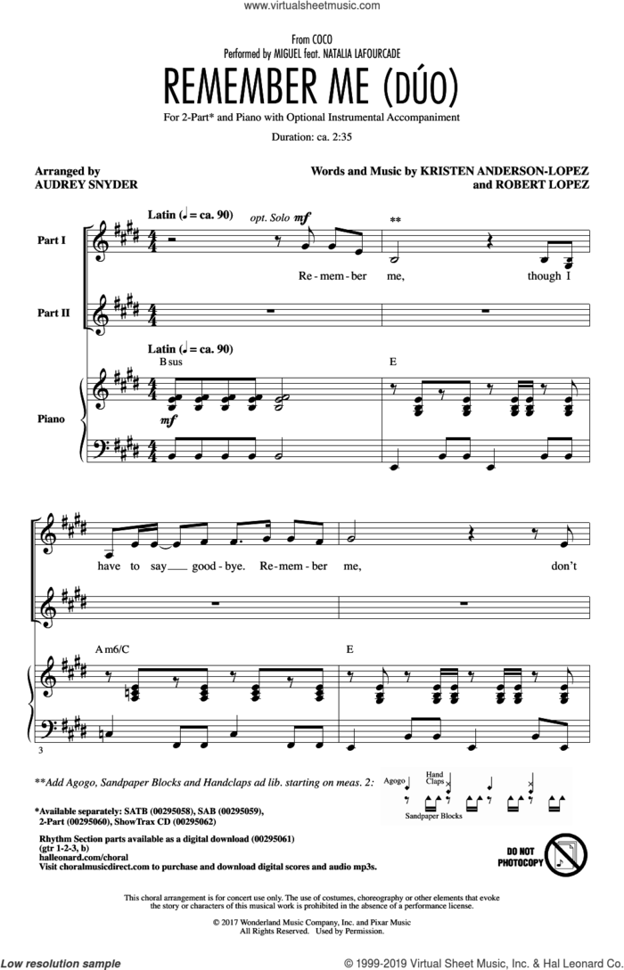 Remember Me (Duo) (from Coco) (arr. Audrey Snyder) sheet music for choir (2-Part) by Miguel feat. Natalia Lafourcade, Audrey Snyder, Kristen Anderson-Lopez and Robert Lopez, intermediate duet