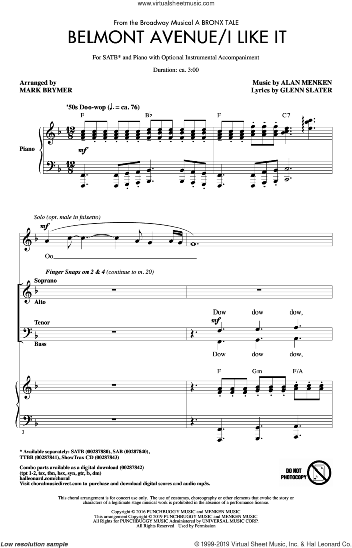 Belmont Avenue/I Like It (from A Bronx Tale) (arr. Mark Brymer) sheet music for choir (SATB: soprano, alto, tenor, bass) by Alan Menken, Mark Brymer and Glenn Slater, intermediate skill level