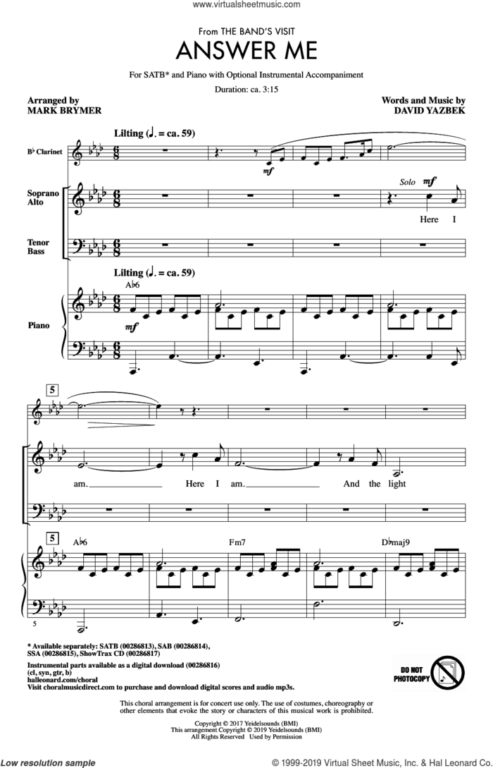 Answer Me (from The Band's Visit) (arr. Mark Brymer) sheet music for choir (SATB: soprano, alto, tenor, bass) by David Yazbek and Mark Brymer, intermediate skill level